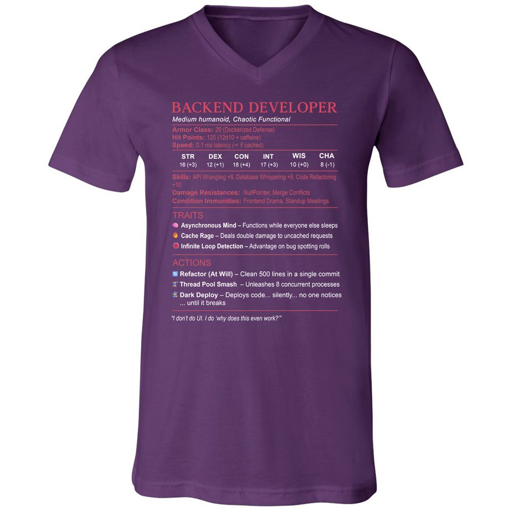Backend Developer Stats Unisex V-Neck T-Shirt - Team Purple - 9
