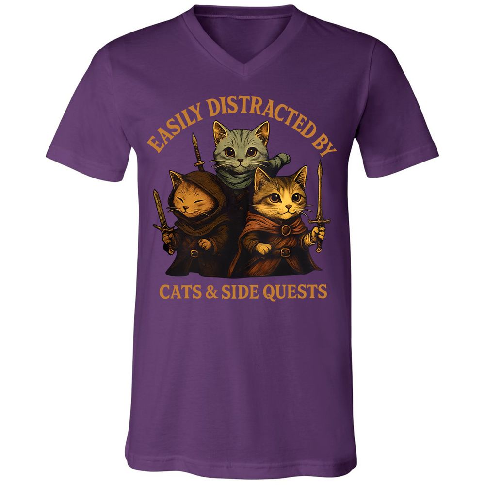 Easily Distracted By Cats & Side Quests Unisex V-Neck T-Shirt - Team Purple - 9