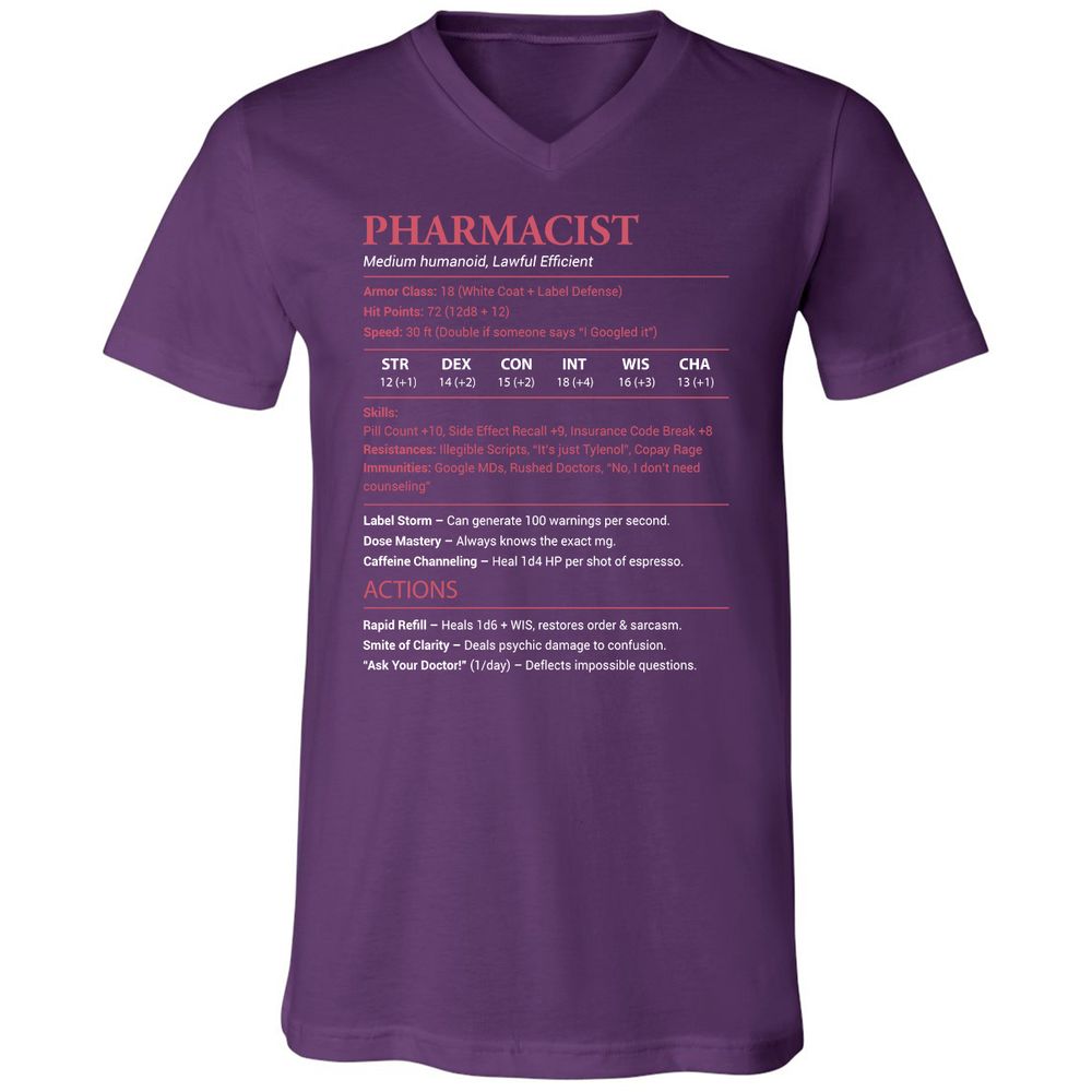 Pharmacist Stats Unisex V-Neck T-Shirt - Team Purple - 9