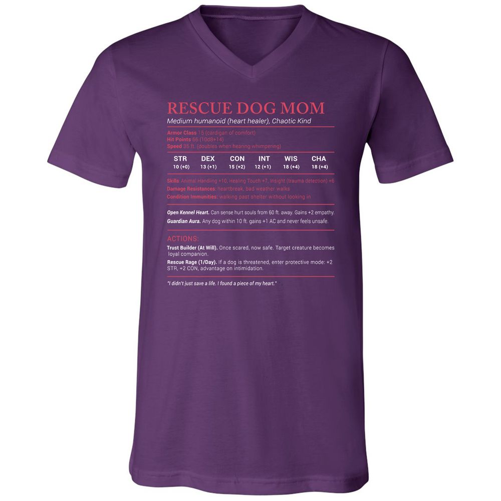 Rescue Dog Mom Stats Unisex V-Neck T-Shirt - Team Purple - 9