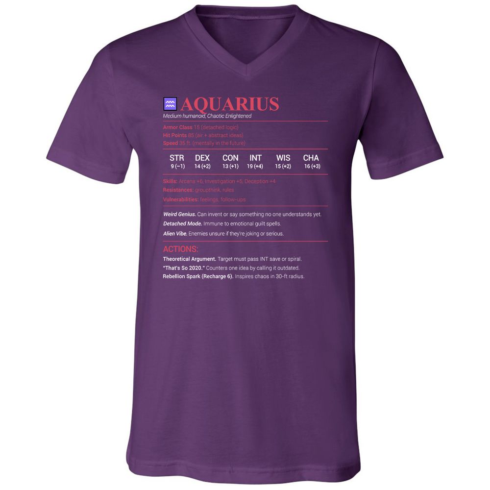 Aquarius Stats Unisex V-Neck T-Shirt - Team Purple - 9
