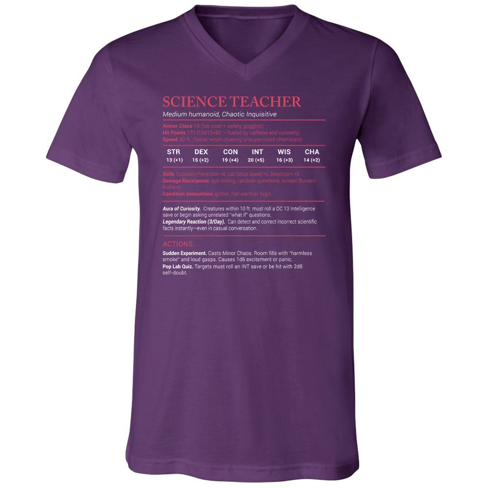 Science Teacher Stats Unisex V-Neck T-Shirt - Team Purple - 9