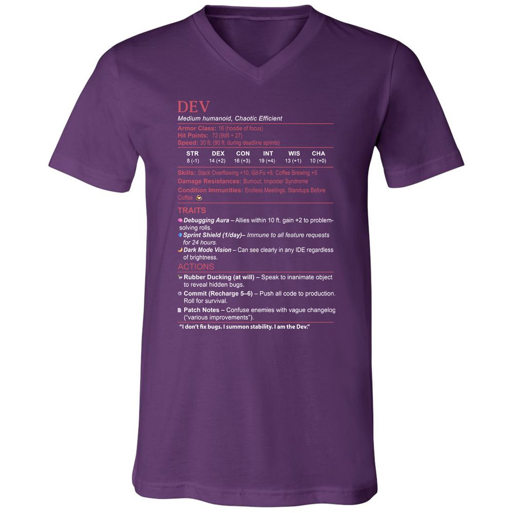 DEV Stats Unisex V-Neck T-Shirt - Team Purple - 9