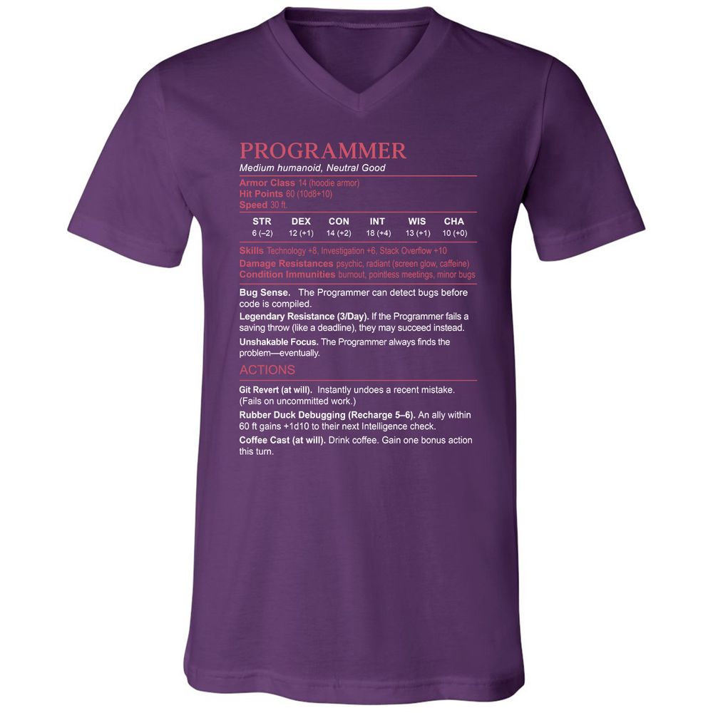 Programmer Stats Unisex V-Neck T-Shirt - Team Purple - 9