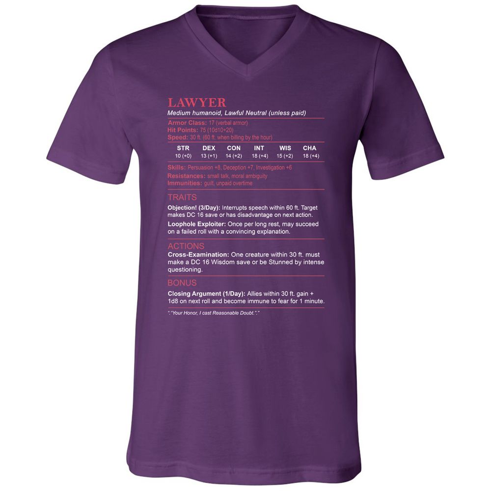 Lawyer Stats Unisex V-Neck T-Shirt - Team Purple - 9