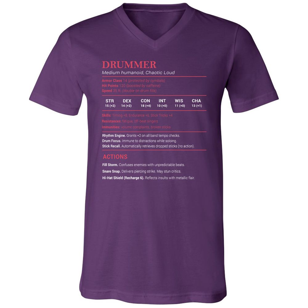 Drummer Stats Unisex V-Neck T-Shirt - Team Purple - 9