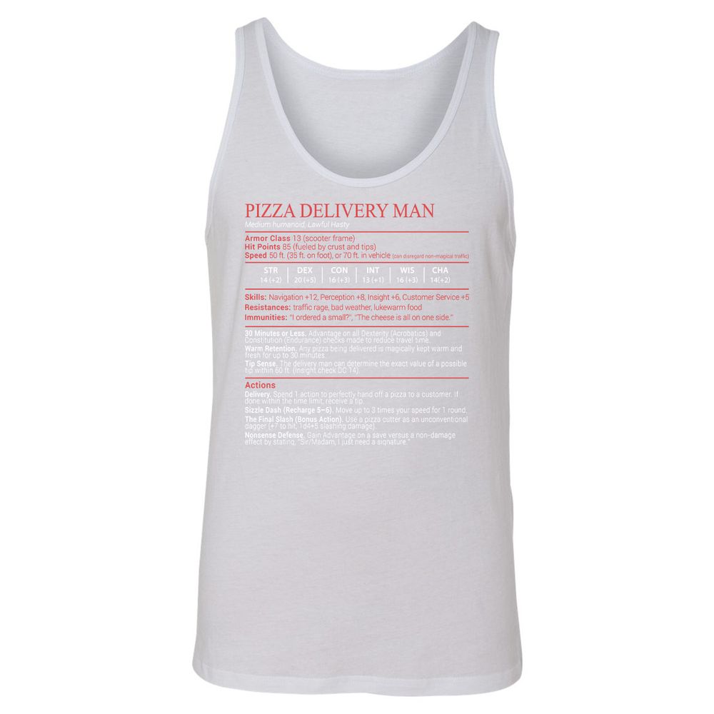 Pizza Delivery Man Stats Block Unisex Jersey Tank - White - 9