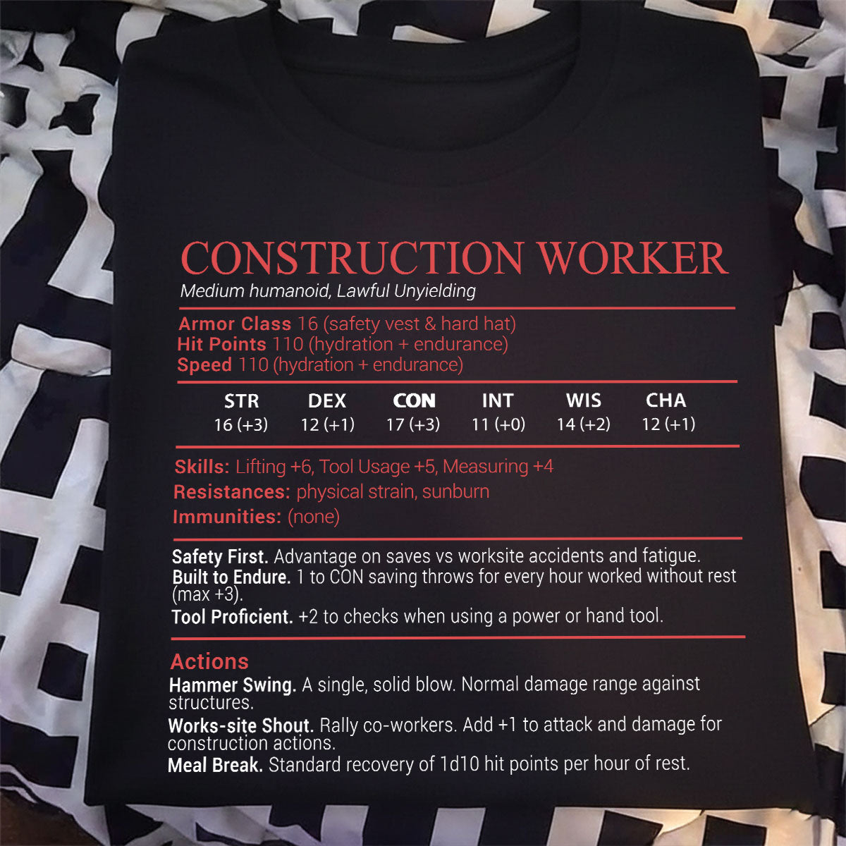Construction Worker Stats Block Classic Unisex T-Shirt